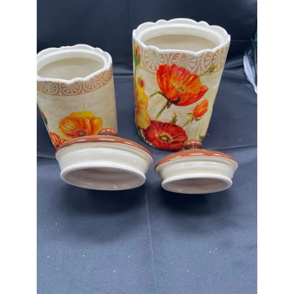 Poppy Canister Set 2 Give Thanks Retro Ceramic Flowers Cookie Jar - Picture 6 of 6